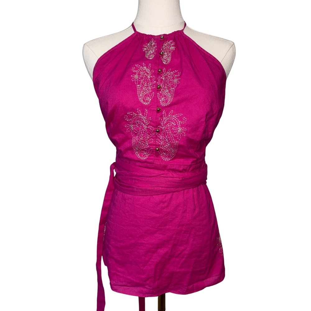VTG Y2K Body by Victoria Halter Top Womens Embroidered Excellent Boho  Medium